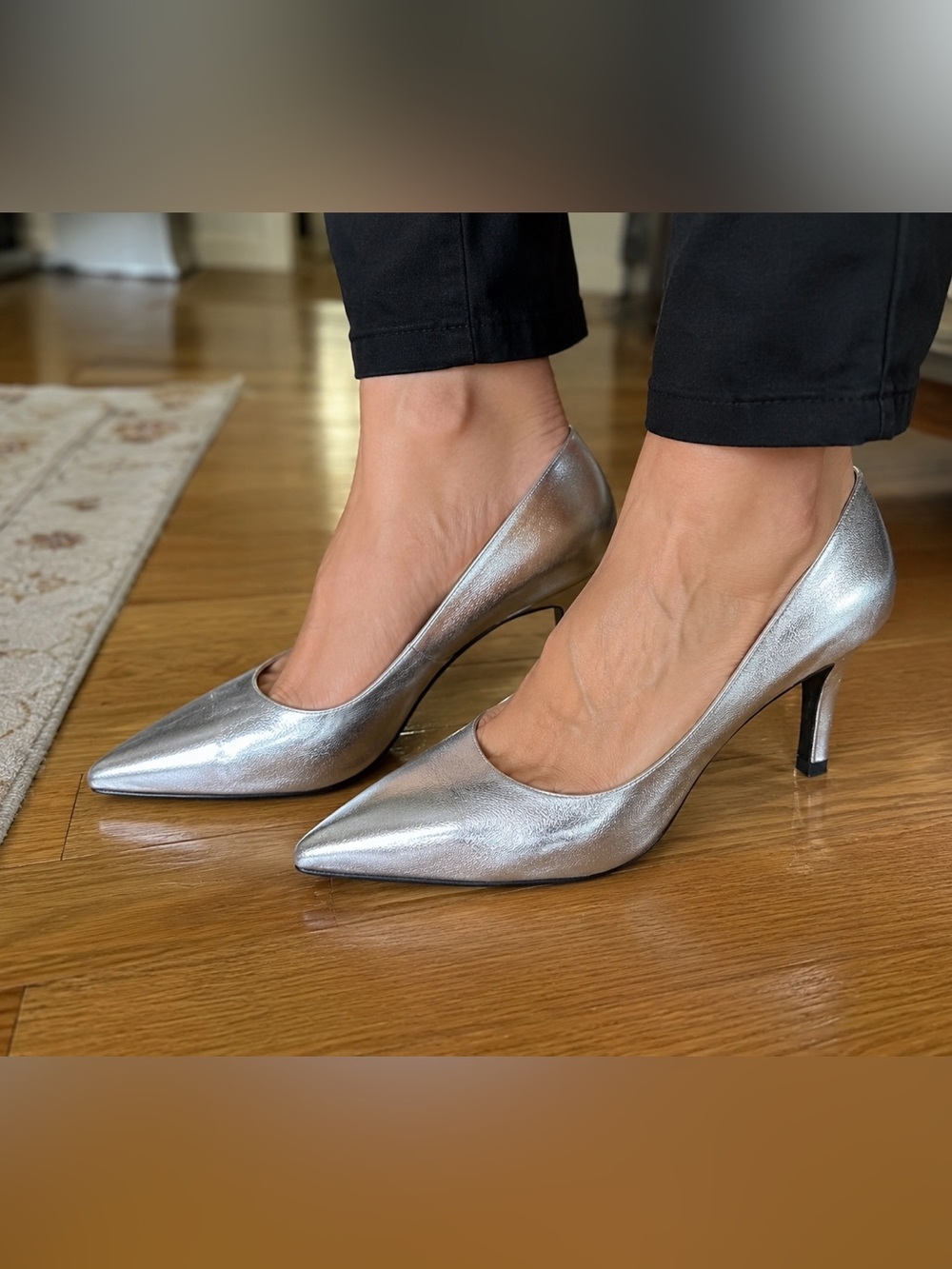 🌸 $139 Seychelles Motive Metallic Leather Silver Pointed-Toe Pumps Heels –6.5